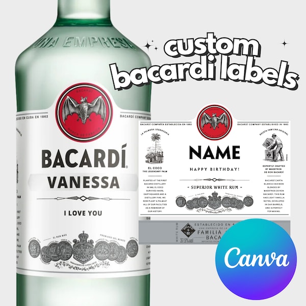 Gepersonaliseerde afdrukbare Bacardi Rum fles etiket Canva sjabloon eigen naam ALLEEN DIGITALE KOPIE