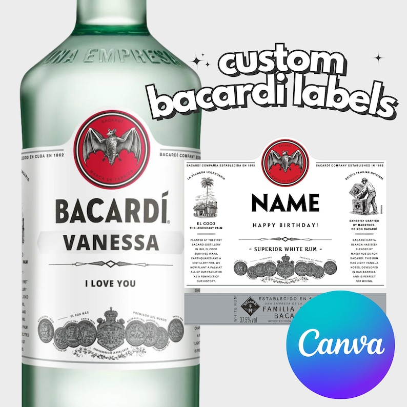 Personalized Printable Bacardi Rum Bottle Label Canva Template Own Name DIGITAL COPY ONLY image 1