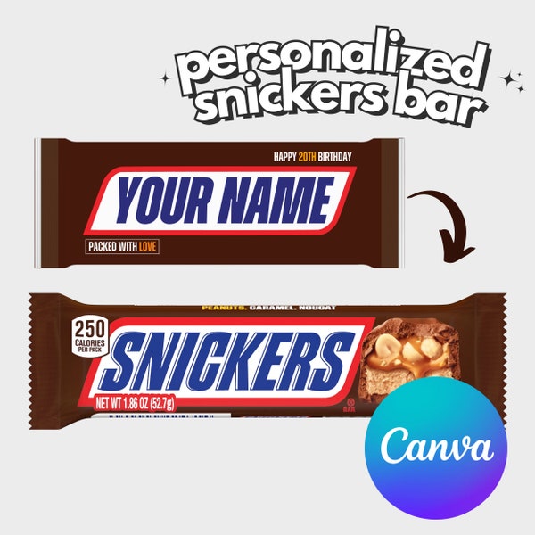 Custom Personalized Printable Snickers Bar Box Label | Canva Template | Anniversary Gift for Her Chocolate Bar Birthday Ideas DIGITAL ONLY