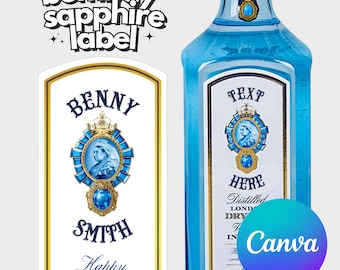 Etiqueta personalizada de ginebra y zafiro, descarga digital, regalo de cumpleaños para padrinos de boda, regalo de despedida de soltera para papá, plantilla Canva