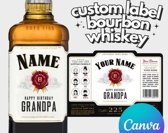 Gepersonaliseerde aangepaste Jim Bourbon Beam Whisky Label Digitale Download Groomsmen Gift Bachelorette Party Gifts voor hem Papa Canva Template