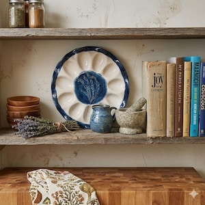 May include: A rustic kitchen shelf displays a white and blue egg plate, a small blue pitcher, and a stone mortar and pestle. Wooden bowls, cookbooks, and a bundle of lavender are also present.