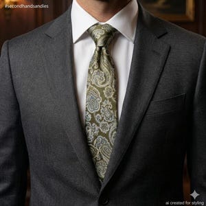 May include: A close-up of a gray suit jacket with a white dress shirt and a patterned tie. The tie features a paisley design in shades of olive green, blue, and cream. The image includes the text "#secondhandsandies" in the upper left corner.
