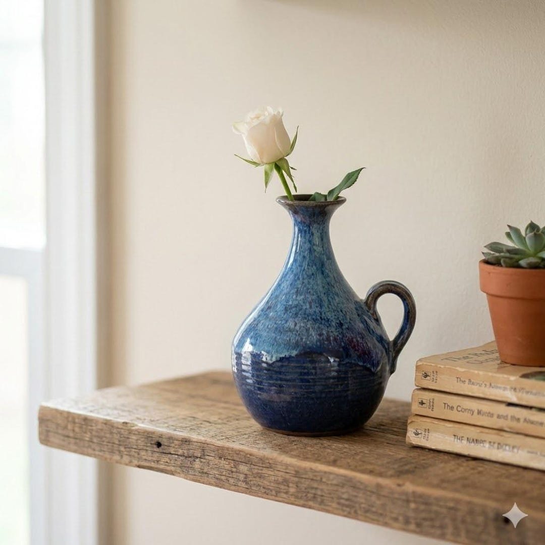 Vintage Studio Art Pottery Blue Drip Glaze Ribbed Pitcher Jug Vase 5 ...