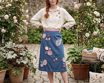 Vintage Boden Denim A-Line Skirt Colorful Floral Applique US Size 6