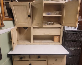 Secondhand Sandies 2 pc. Antique kitchen Hoosier porcelain top sifter cabinet cupboard