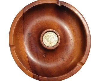Costa Rica Wood Ashtray vintage with 1980 silver coin 5" wide