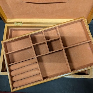 Oak wood 12&quot; jewelry double compartment tray box trinket stash hinged lid