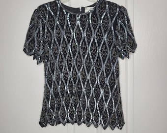 Vintage papell evening Beaded Sequin Short Sleeve Top Blouse Blk Blue Large Silk