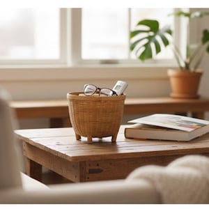 May include: A small, round, light brown woven basket with four short legs. The basket contains a pair of dark-rimmed eyeglasses and a white rectangular remote control. The woven texture is visible throughout the exterior of the container.
