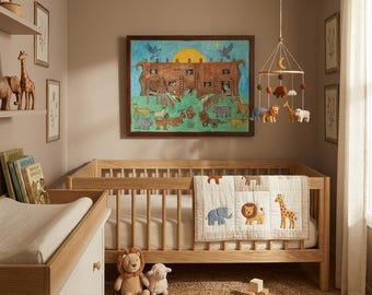 Vintage Noah's Ark Folk Art Framed Painting Primitive Country Nursey Decor