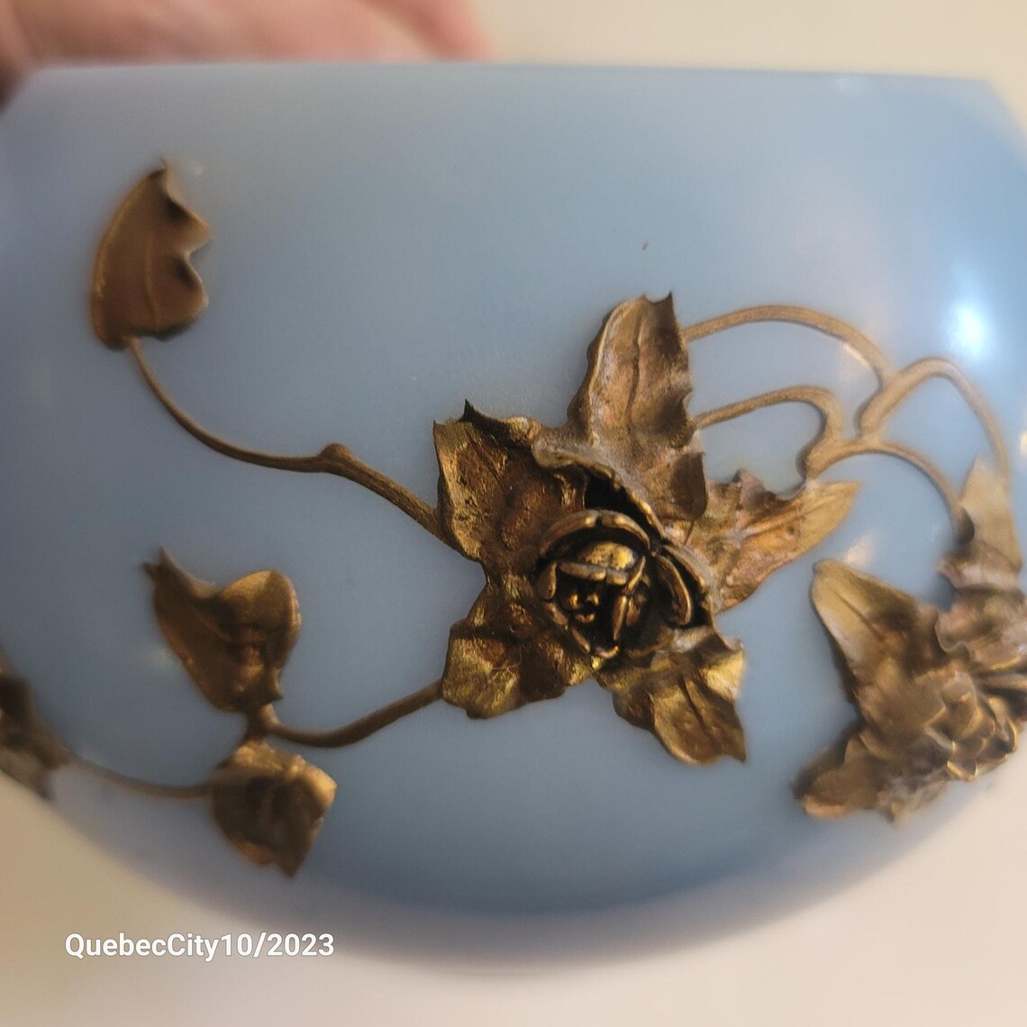 Satin Glass Bowl Vase Blue White Gold Ombre Gold Moriage Vintage Etsy