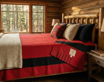 Hudson's Bay England Wool Stripe 6 point Blanket Large Queen Red Black 91" x 100