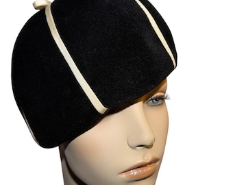 Vintage 50s Merrimac Deluxe Velour Fur Felt Beret Pillbox Hat Black Mod