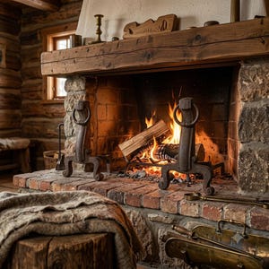 May include: A stone fireplace with a burning wood fire, featuring two dark metal andirons with ring tops on a brick hearth. A thick wooden mantel sits above the fire, holding a brass candlestick and a carved wooden decorative piece.
