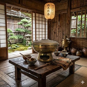 May include: A traditional Japanese tea ceremony setting. A large brass pot sits on a wooden table with bowls, chopsticks, and a cloth. A paper lantern with Japanese text hangs above. The room has wooden walls and a view of a garden.