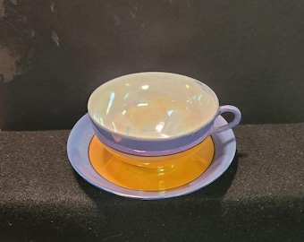 Takito Golden Orange Blue Lusterware Vintage Japanese Teacup and Saucer
