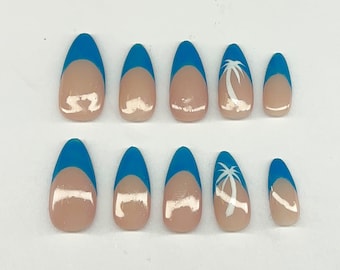 blue frenchies with palm trees press on nails *CUSTOM*
