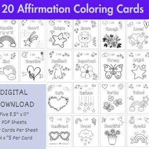 Set of 20 Printable Kids Affirmation Coloring Cards