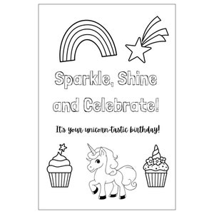 Kids Happy Birthday Unicorn Color Yourself Pack Of Flat Cards, 4x6 25 [1]. 4x6 10 [2], 4x6 5 [3], 5x7 25 [4], 5x7 10  [5], 5x7 5 [6] Cards