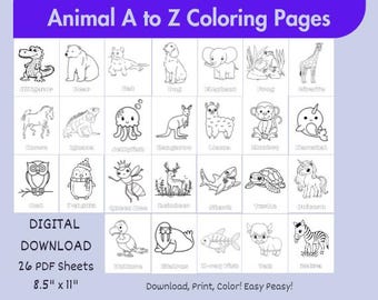 26 Printable Kids Animal A to Z Coloring Pages