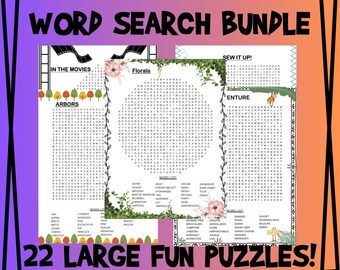May include: A colorful printable word search puzzle bundle with 22 large puzzles. The puzzles are themed around "In the Movies", "Florals", and "Sew It Up!" with word lists included for each puzzle.