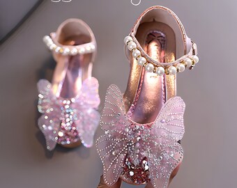 Chaussures de princesse, chaussures de mariage, Mary Janes, chaussures de fête, chaussures à nœud papillon, chaussures de fille, chaussures de bébé fille perlées, chaussures en strass perlé