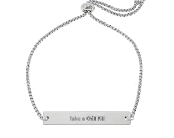 Y2K Name Plate Bracelet “Take a Chill Pill” | 2000s Slang Jewelry | Adjustable Gold or Silver Bracelet