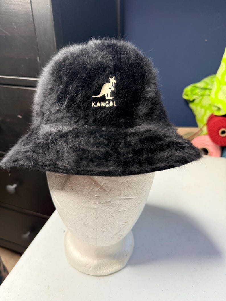 Kangol Black Fuzzy Angora Bucket Hat Cloche Mens Womens Streetwear 80s LL Cool J