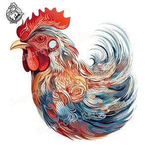 Puede incluir: Una ilustración colorida de un gallo con cresta y barbilla rojas, intrincados patrones azules y marrones y una cola en espiral.
