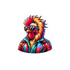 May include: A colorful illustration of a rooster wearing sunglasses and a red leather jacket. The rooster has a mohawk and a bright red comb.