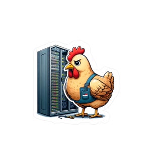 May include: A cartoon illustration of a chicken wearing a blue jumpsuit and holding a wrench, standing in front of a server rack.