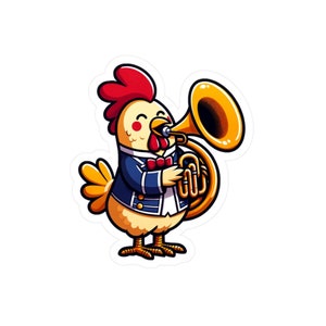 May include: A cartoon illustration of a yellow rooster wearing a blue jacket and a red bow tie playing a gold sousaphone.