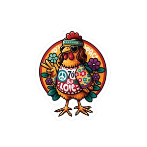 May include: A cartoon chicken wearing a headband, sunglasses, and a colorful shirt with the text "70's & LOVE" and a peace sign. The chicken is holding up two fingers in a peace sign. The background is a yellow circle with the text "70's PEACE" around it.