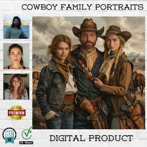 Retrato familiar de vaquero personalizado, retratos digitales con foto personalizada, retrato digital con imagen personalizada, retrato digital, arte digital