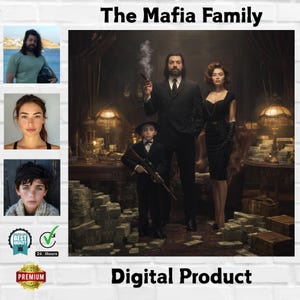 Op de afbeelding: Digitaal kunstwerk getiteld "The Mafia Family" met een man in een krijtstreep pak die een sigaar rookt, een vrouw in een zwarte jurk en een jongen met een geweer. Stapels geld zijn zichtbaar. De afbeelding bevat portretten en zegels.