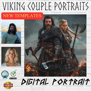 Puede incluir: Plantilla de retrato digital con una pareja vikinga con hachas. El hombre lleva una túnica de piel marrón forrada de piel y la mujer lleva una túnica de cuero marrón con ribete de piel. El fondo es un cielo oscuro y tormentoso con llamas en primer plano.