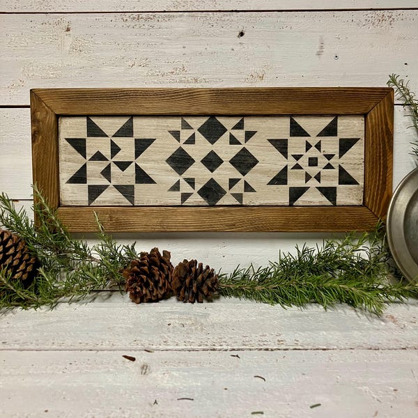 Barn Quilt Wood Sign, Primitive Framed Quilt Block Sign, Rustic Farmhouse Wall Decor