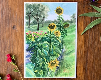 Original Sunflower Watercolor Painting, Unframed Art Print, 4x6