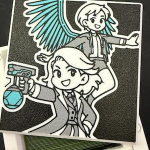 May include: A black and white illustration of two anime-style characters. One character is holding a futuristic gun with a blue orb, and the other has blue wings. The characters are wearing suits.