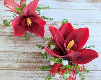 Red Orchid Corsage with Matching Boutonniere Set