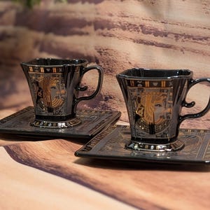 Flared Bronze/Silver Nefertiti or Bastet Cat Mug | Black /Espresso Egyptian Queen Coffee Cup