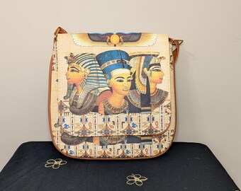 Vintage Egyptian Leather Tote Bag: Hieroglyphic Shoulder Bag