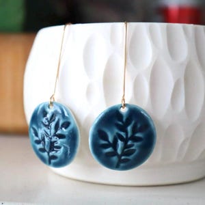 Modern Deep Blue Porcelain Floral Earrings – Handmade Minimalist Jewelry
