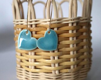 Handmade Baby Blue Porcelain Heart Earrings: Fun Ceramic Jewelry