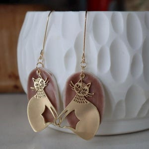 Handmade Dusky Rose Porcelain Earrings: Gold Cat Charm Dangles