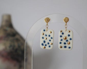 Handmade Porcelain Dangle Earrings: Cobalt Blue & 22K Gold