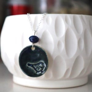 Porcelain Bird Pendant Necklace: Dark Blue Stamped Design