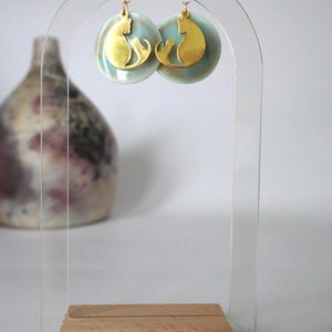 Porcelain Cat Earrings | Blue and Tan Ceramic Earrings | Brass Mama Cat and Kitten Charm | Handmade Lightweight Earrings for Cat Lovers
