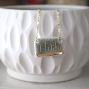 Elegant Handmade Porcelain Necklace – Dusty Blue with Gold Accents | One-of-a-Kind Jewelry